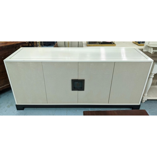 359 - SIDE CABINET, contemporary, white finish, bleached maple finish to doors, bronzed handles to central... 