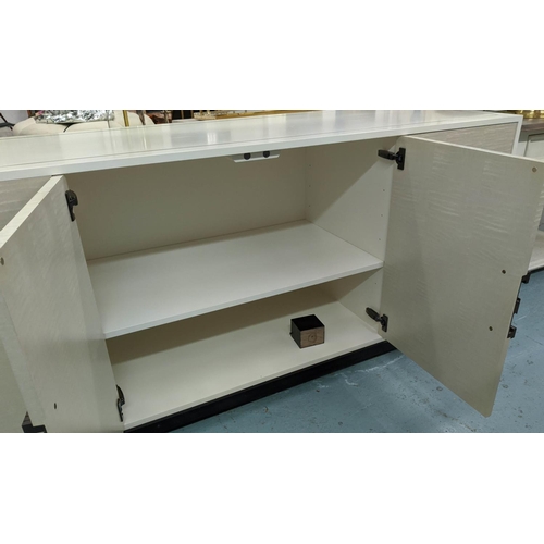 359 - SIDE CABINET, contemporary, white finish, bleached maple finish to doors, bronzed handles to central... 