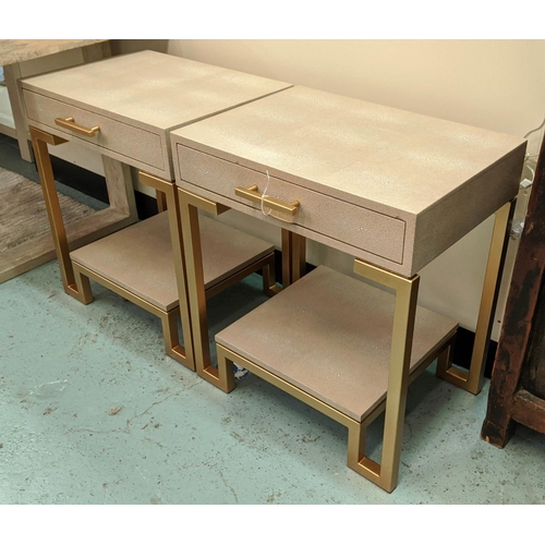 361 - BEDSIDE TABLES,  faux shagreen fitted with a single drawer, stretcher tier, gilt metal frames, 57cm ... 