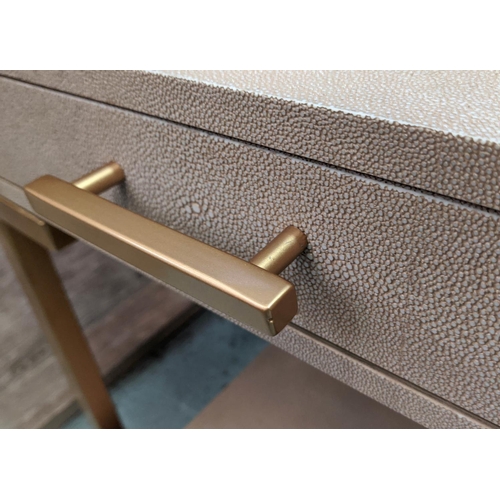 361 - BEDSIDE TABLES,  faux shagreen fitted with a single drawer, stretcher tier, gilt metal frames, 57cm ... 