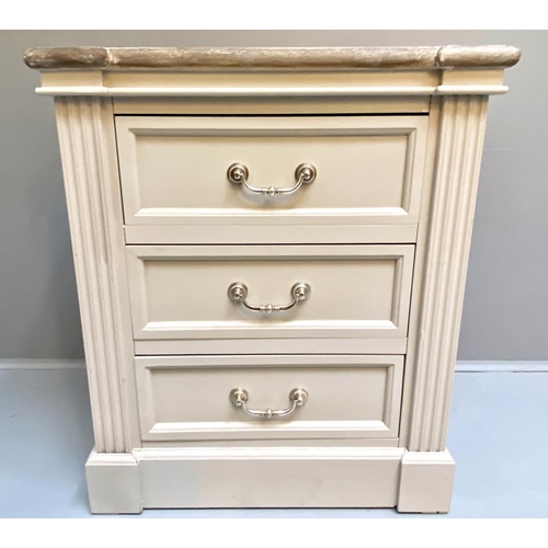 375 - SIDE CHEST, 58cm x 38cm x 67cm, Scandinavian style, painted finish, three short drawers.