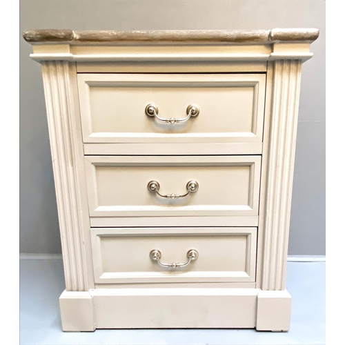 375 - SIDE CHEST, 58cm x 38cm x 67cm, Scandinavian style, painted finish, three short drawers.