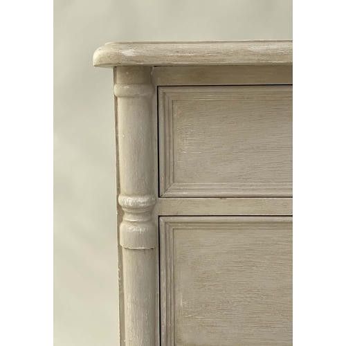 279 - LOW CHEST, Georgian style traditionally grey painted with eight short drawers, 144cm W x 44cm D x 71... 