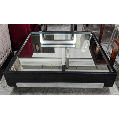 428 - COCKTAIL TABLE, 86cm x 86cm x 31cm, vintage 20th century, ebonised, mirrored top, on castors.