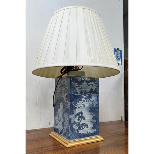 434 - TABLE LAMP, 63cm H Chinese export style blue and white ceramic with shade.