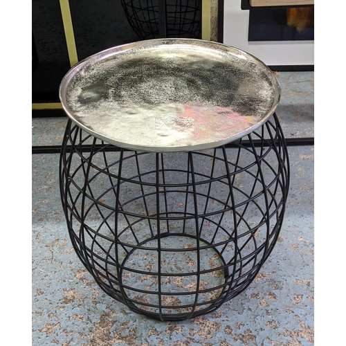 436 - SIDE TABLE, 50cm x 58cm H, cage base design, polished metal top.