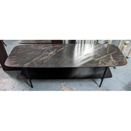 441 - COCKTAIL TABLE, faux marble top, 120cm x 40cm x 41cm with under tier.