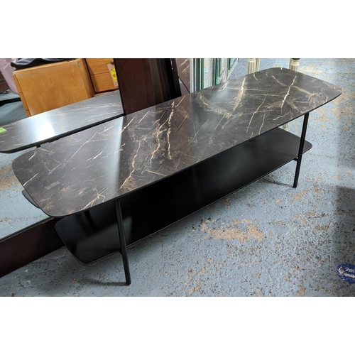 441 - COCKTAIL TABLE, faux marble top, 120cm x 40cm x 41cm with under tier.