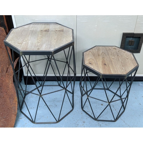 445 - SIDE TABLES, a graduated pair, 410cm x 82cm, cage base design. (2)