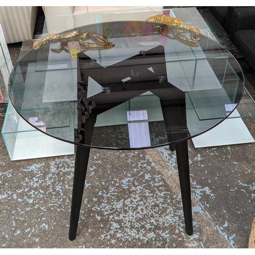 449 - DINING TABLE, 90cm x 75cm H, smoked glass top.