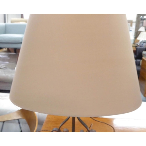 450 - TABLE LAMPS, a pair, 71cm H scrolled metal, each with a shade. (2)