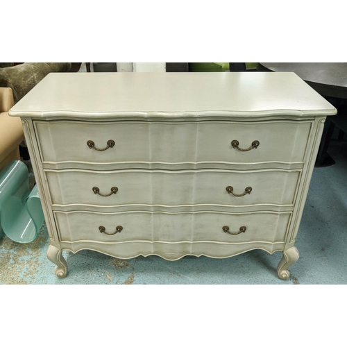 451 - COMMODE, 120cm W x 91cm H x 51cm D French style distressed effect with three long drawers.