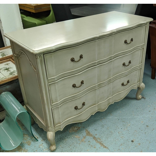 451 - COMMODE, 120cm W x 91cm H x 51cm D French style distressed effect with three long drawers.