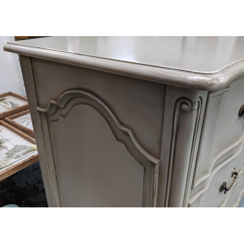 451 - COMMODE, 120cm W x 91cm H x 51cm D French style distressed effect with three long drawers.