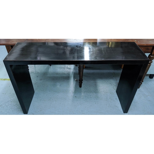 452 - CONSOLE TABLE, 136cm L x 81cm H x 39cm D black lacquered.