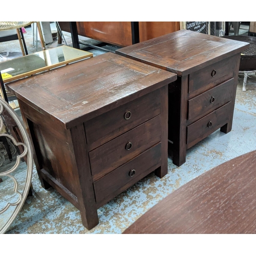 476 - OKA BEDSIDE CHESTS, a pair, 60cm W x 60cm H x 50cm D each with three short drawers. (2)