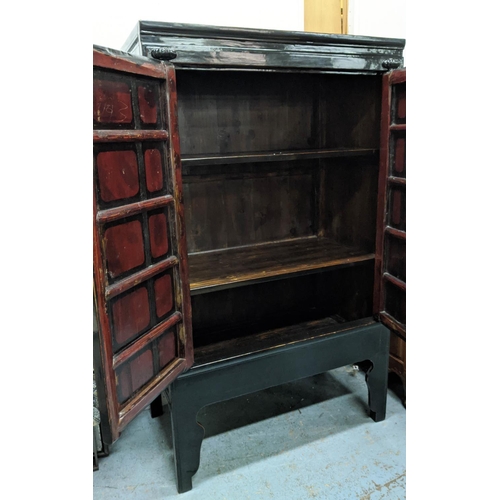 477 - CHINESE MARRIAGE CABINET, 106cm W x 176cm H x 61cm D black lacquered with two panelled doors enclosi... 