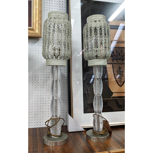 483 - TABLE LAMPS, a pair, 72cm H, glass with pierced metal shades. (2)