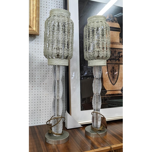 483 - TABLE LAMPS, a pair, 72cm H, glass with pierced metal shades. (2)