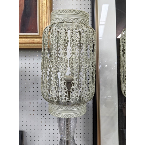 483 - TABLE LAMPS, a pair, 72cm H, glass with pierced metal shades. (2)