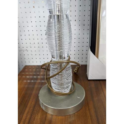 483 - TABLE LAMPS, a pair, 72cm H, glass with pierced metal shades. (2)