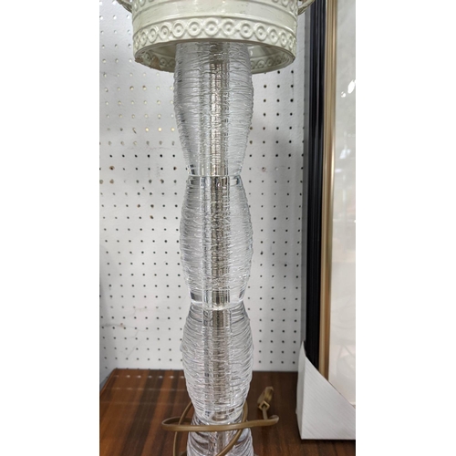 483 - TABLE LAMPS, a pair, 72cm H, glass with pierced metal shades. (2)