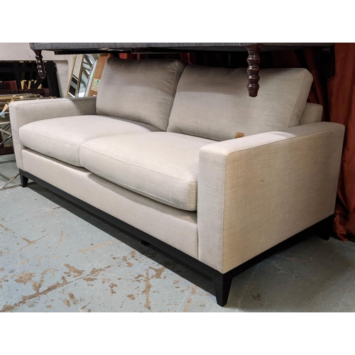 484 - SOFA, 207cm W, grey fabric upholstered, ebonised base, 206cm x 90cm x 75cm.