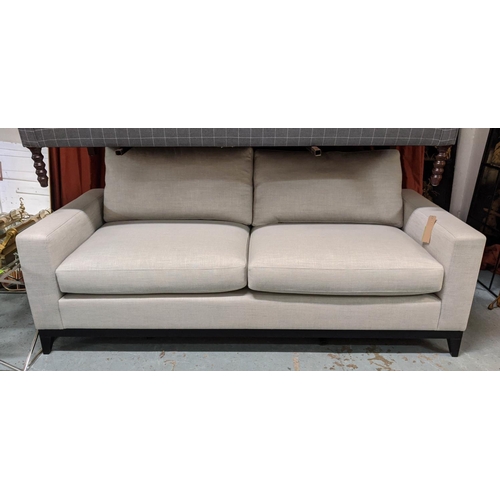 484 - SOFA, 207cm W, grey fabric upholstered, ebonised base, 206cm x 90cm x 75cm.