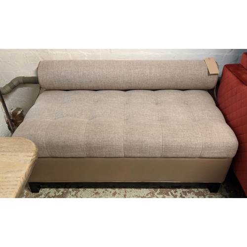 486 - BOLSTER WINDOW SEAT, 120cm W, umber fabric upholstered with leather detail, 120cm x 75cm x 64cm.