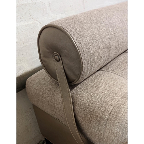 486 - BOLSTER WINDOW SEAT, 120cm W, umber fabric upholstered with leather detail, 120cm x 75cm x 64cm.