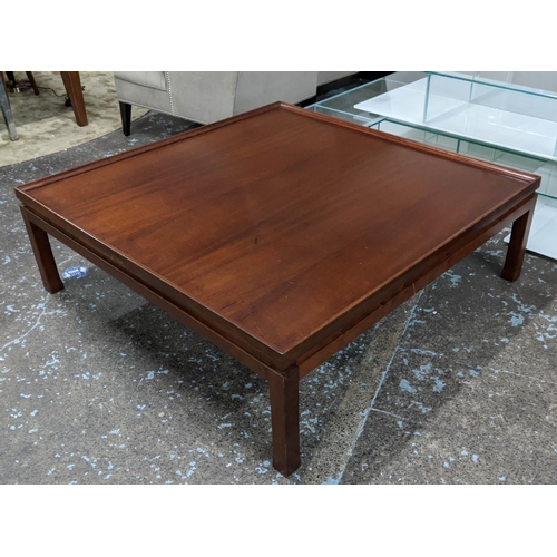 493 - SOUTH AFRICAN IMBUIA WOOD COFFEE TABLE, 36cm H x 111cm W x 111cm D.