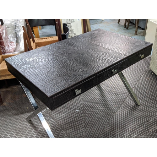 495 - DESK, 120cm x 76cm x 80cm, faux crocodile finish with three drawers.