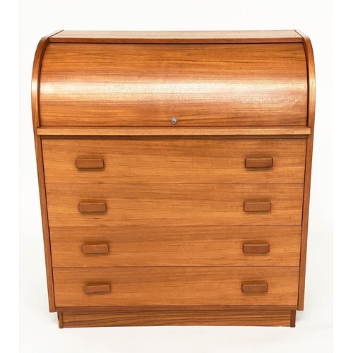 528 - DANISH BUREAU, teak with cylinder front, fitted, pull-out writing surface and four drawers, 90cm W x... 