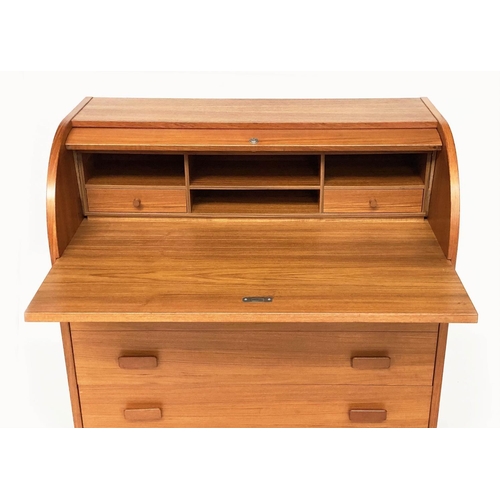 528 - DANISH BUREAU, teak with cylinder front, fitted, pull-out writing surface and four drawers, 90cm W x... 