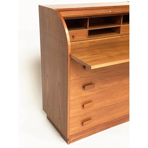 528 - DANISH BUREAU, teak with cylinder front, fitted, pull-out writing surface and four drawers, 90cm W x... 