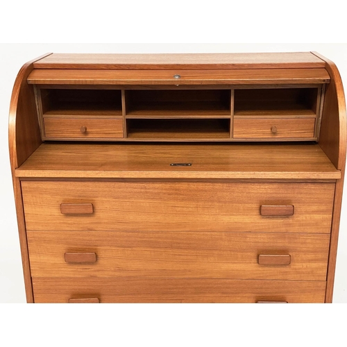 528 - DANISH BUREAU, teak with cylinder front, fitted, pull-out writing surface and four drawers, 90cm W x... 