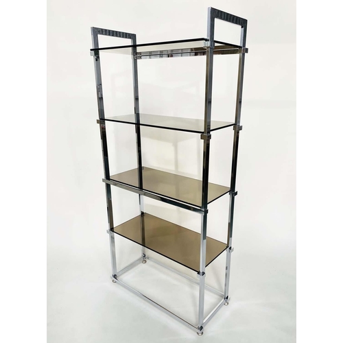 530 - SHELVES, chrome framed with five plate glass shelves, 86cm W x 182cm H x 37cm D.