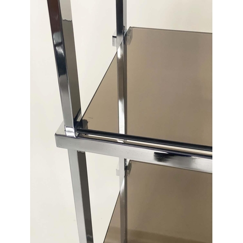 530 - SHELVES, chrome framed with five plate glass shelves, 86cm W x 182cm H x 37cm D.