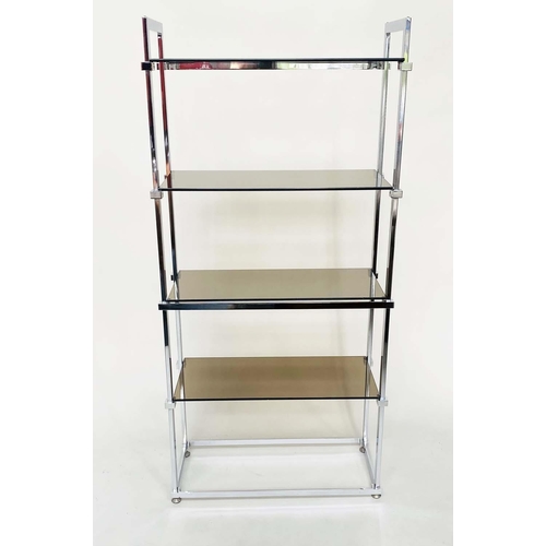 530 - SHELVES, chrome framed with five plate glass shelves, 86cm W x 182cm H x 37cm D.