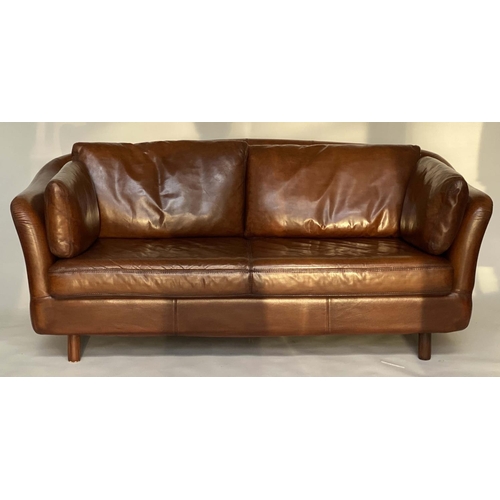 531 - DANISH SOFA, mid 20th century soft mid brown leather upholstery with back, seat and side cushions, 1... 