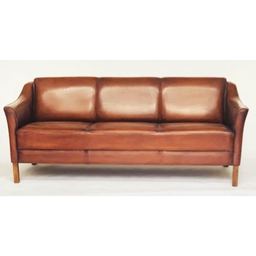 535 - SOFA, three seater, Danish style grained mid brown piped leather and teak supports, 181cm W.