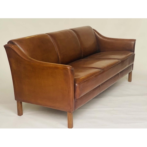 535 - SOFA, three seater, Danish style grained mid brown piped leather and teak supports, 181cm W.