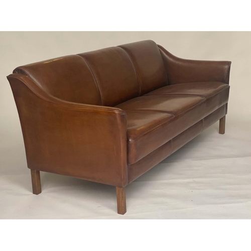 535 - SOFA, three seater, Danish style grained mid brown piped leather and teak supports, 181cm W.