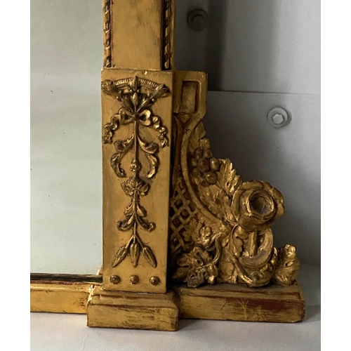 269 - OVERMANTEL, 19th century giltwood and gesso moulded with open triangular pediment, swag frieze, pila... 