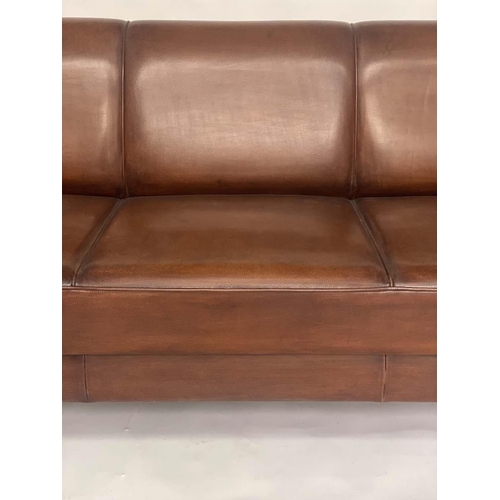 535 - SOFA, three seater, Danish style grained mid brown piped leather and teak supports, 181cm W.