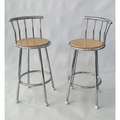 537 - BAR STOOLS, a pair, 96cm H, circular chrome framed with raised back. (2)