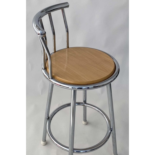 537 - BAR STOOLS, a pair, 96cm H, circular chrome framed with raised back. (2)