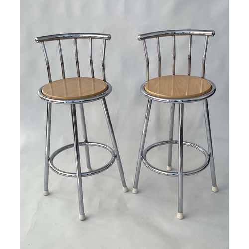 537 - BAR STOOLS, a pair, 96cm H, circular chrome framed with raised back. (2)