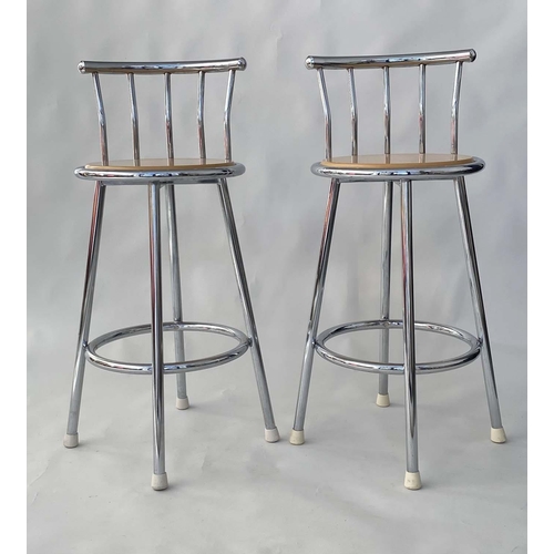 537 - BAR STOOLS, a pair, 96cm H, circular chrome framed with raised back. (2)