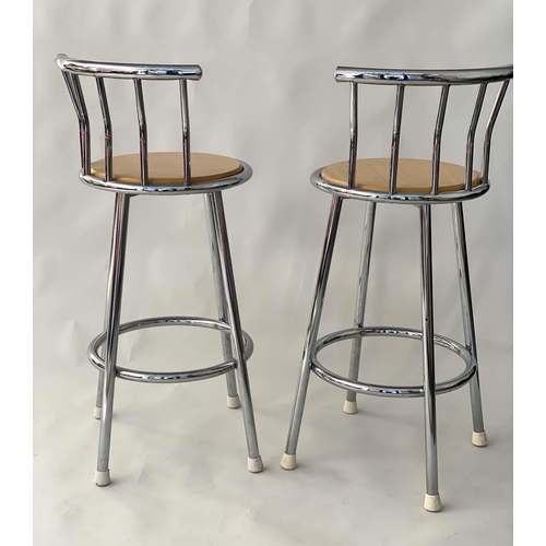 537 - BAR STOOLS, a pair, 96cm H, circular chrome framed with raised back. (2)